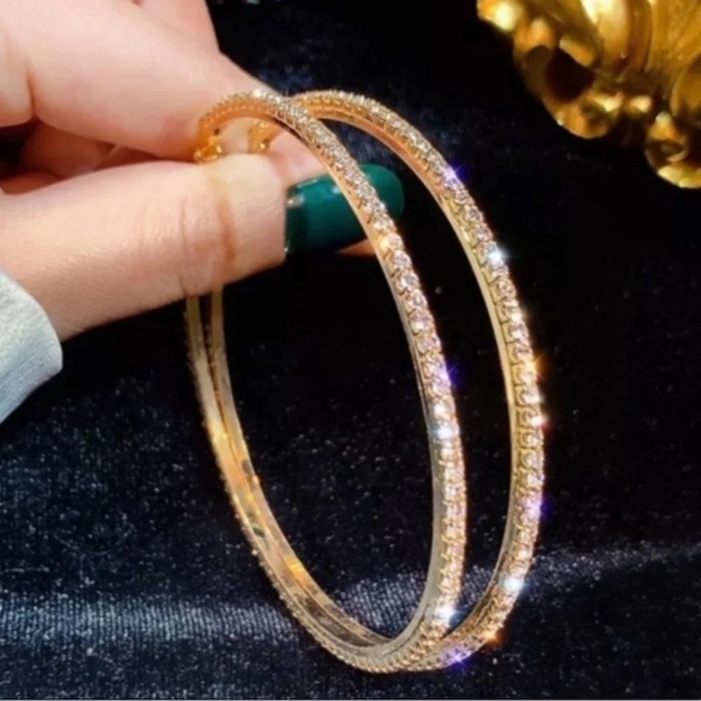 18k Yellow Gold CZ Pave Stone Large Hoops Hoop Earrings